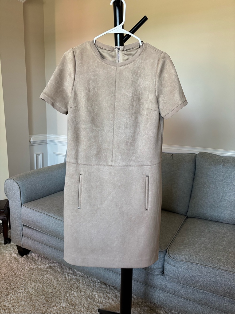 Elie Tahari Classic Short-Sleeve Faux Suede Shift Dress in Taupe